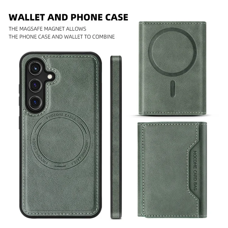 Funda para Samsung Galaxy S25+ compatible con MagSafe, cubierta de teléfono de cuero con bolsa de tarjeta desmontable - Verde negruzco