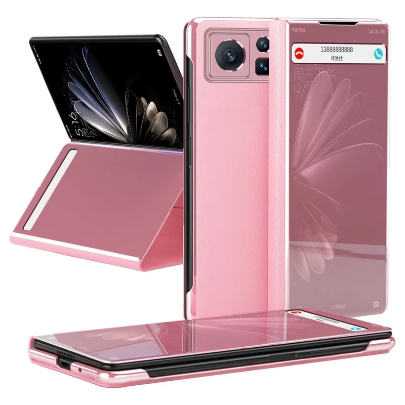 Per Xiaomi Mix Fold 2 5G Anti-scratch Telefono Electroplating Specchio Surface Plastic + PU Cover Del Telefono Cellulare in Pelle PU - Rosa