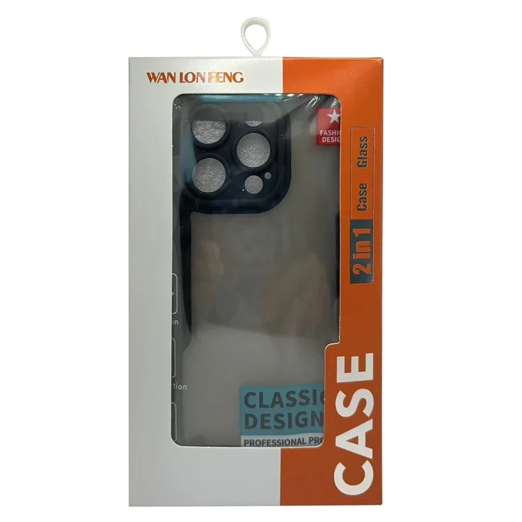 Funda para iPhone 15 de la serie WANLONFENG MFFJ, con protección contra caídas, cubierta trasera de TPU y película protectora de pantalla - Negro