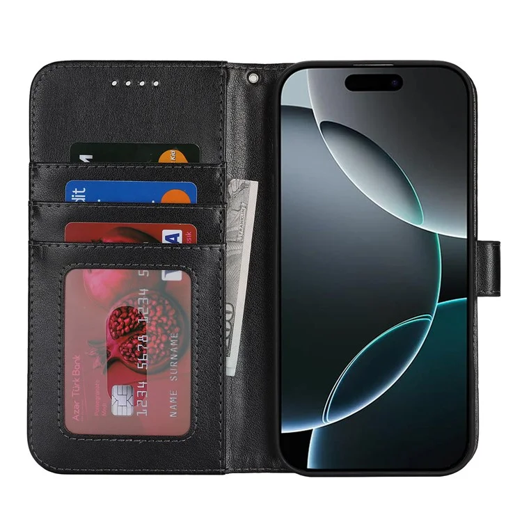 Capa para iPhone 16 Pro Max Caso R61 Textura Carteira Couro Flip Phone Cover - Preto