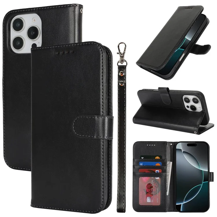 Capa para iPhone 16 Pro Max Caso R61 Textura Carteira Couro Flip Phone Cover - Preto