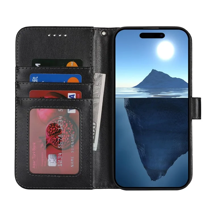Funda para iPhone 16 R61 Textura Billetera de Cuero Flip Phone Cover - Negro