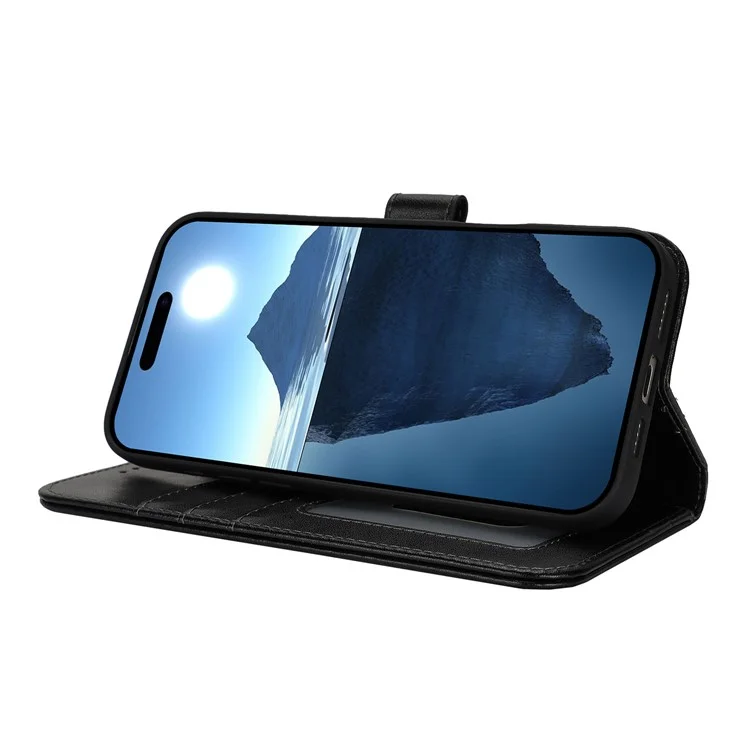 Funda para iPhone 16 R61 Textura Billetera de Cuero Flip Phone Cover - Negro