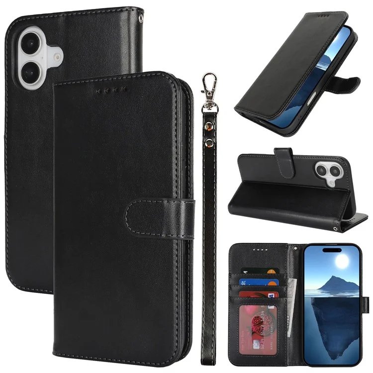 Funda para iPhone 16 R61 Textura Billetera de Cuero Flip Phone Cover - Negro