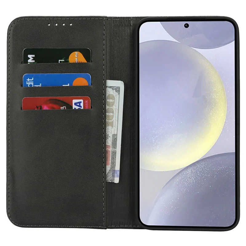 Чехол для Samsung Galaxy S25+ из искусственной кожи с текстурой телячьей кожи, с магнитным закрытием - черный