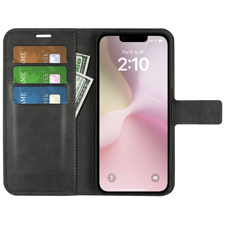 For iPhone 16e Stand Case Anti-Scratch Calf Texture Leather Phone Cover - Black