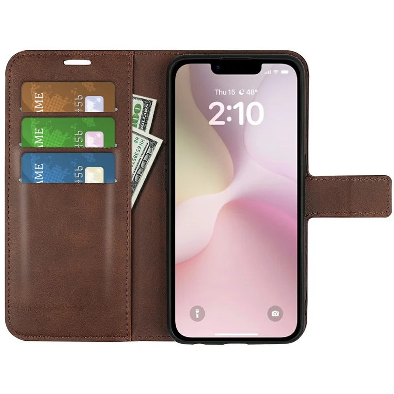 For iPhone 17e / 16e Stand Case Anti-Scratch Calf Texture Leather Phone Cover - Brown