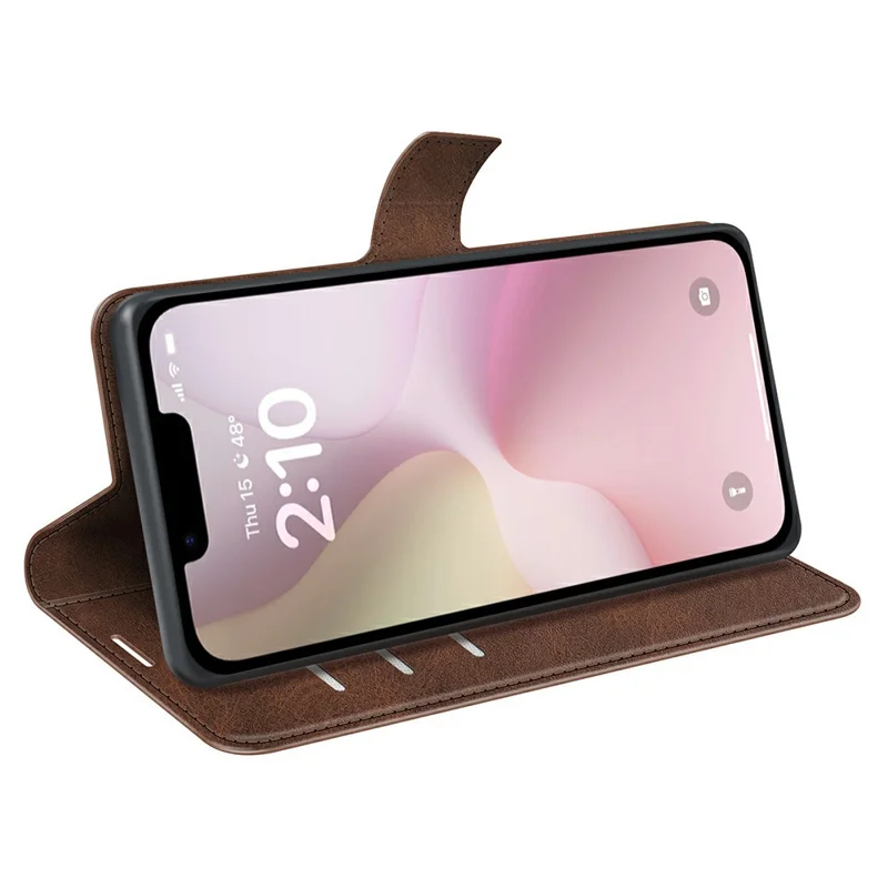 For iPhone 17e / 16e Stand Case Anti-Scratch Calf Texture Leather Phone Cover - Brown