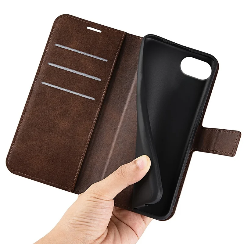 For iPhone 17e / 16e Stand Case Anti-Scratch Calf Texture Leather Phone Cover - Brown