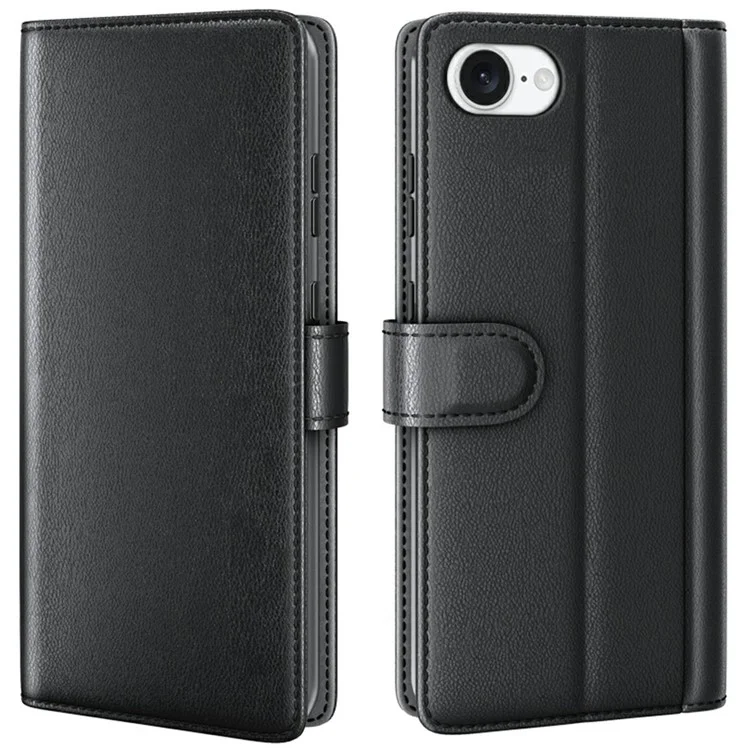 Étui pour iPhone SE (2025) en véritable cuir fendu, couvercle de portefeuille avec fente pour carte - Noir