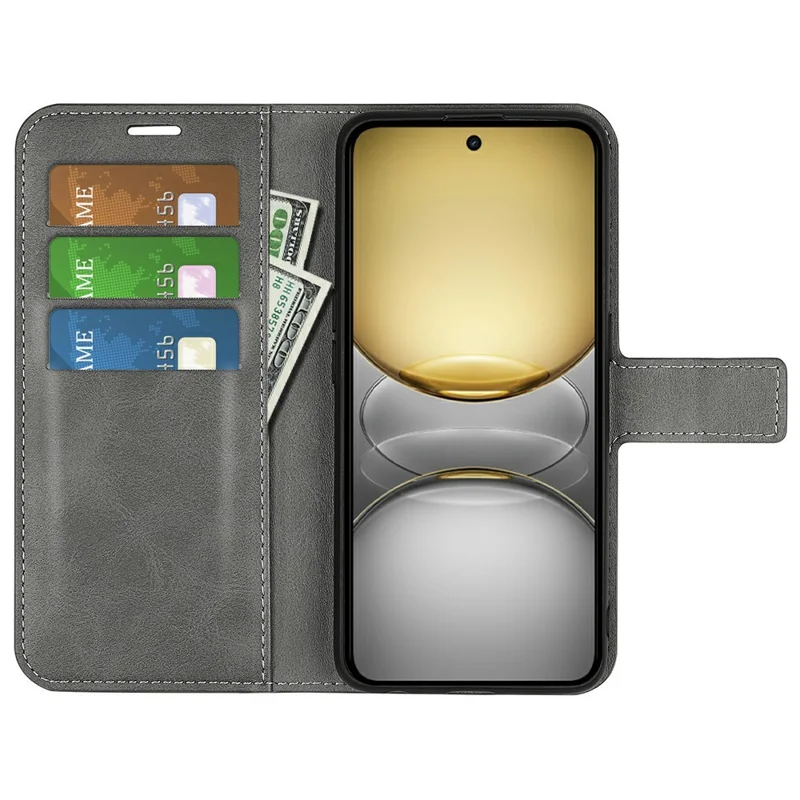 For Realme C75 4G Stand Case Anti-Scratch Calf Texture Leather Phone Cover - Grey