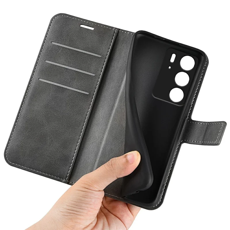 For Realme C75 4G Stand Case Anti-Scratch Calf Texture Leather Phone Cover - Grey