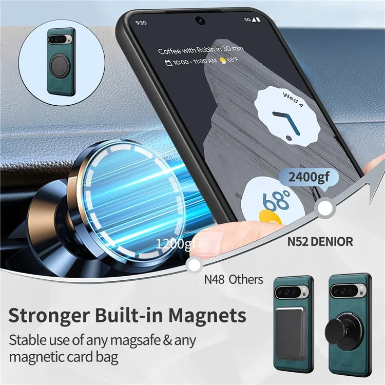 DENIOR A14 Capa magnética para Google Pixel 9 Pro XL com suporte rotativo de couro PC TPU - Azul
