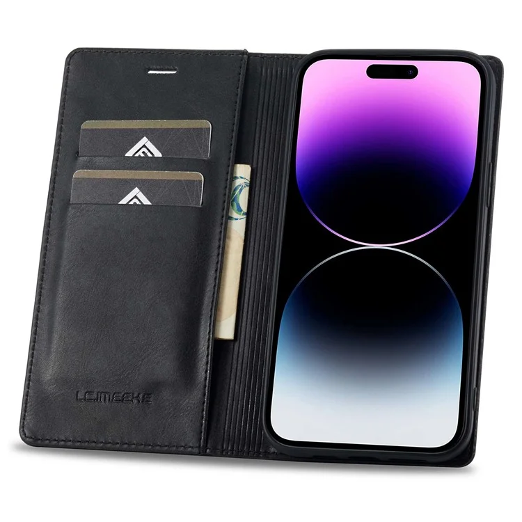 Lc. Imeeke Pour Iphone 14 Pro RFID Blocking PU Cuir Case Wallet Stand Magnetic Auto-auto-absorbed Téléphone Couverture - le Noir