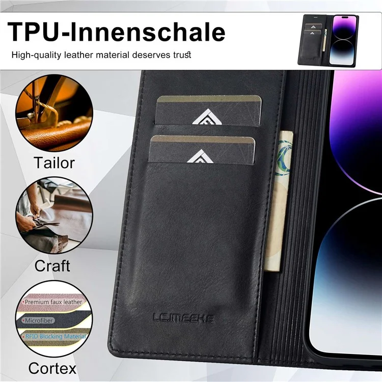 Lc. Imeeke Pour Iphone 14 Pro RFID Blocking PU Cuir Case Wallet Stand Magnetic Auto-auto-absorbed Téléphone Couverture - le Noir