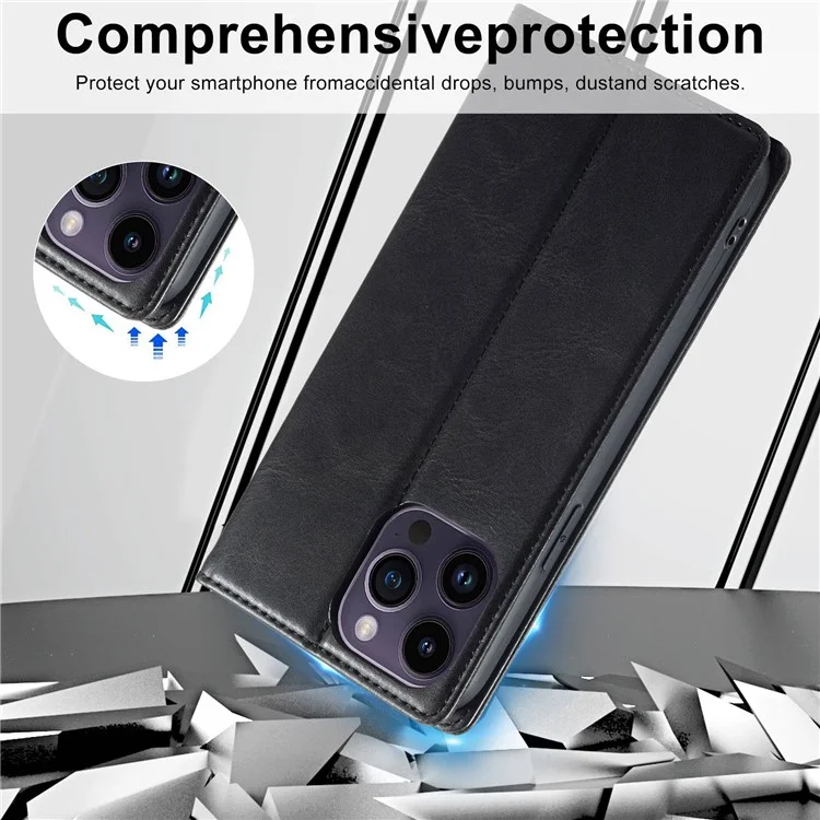 Lc. Imeeke Pour Iphone 14 Pro RFID Blocking PU Cuir Case Wallet Stand Magnetic Auto-auto-absorbed Téléphone Couverture - le Noir