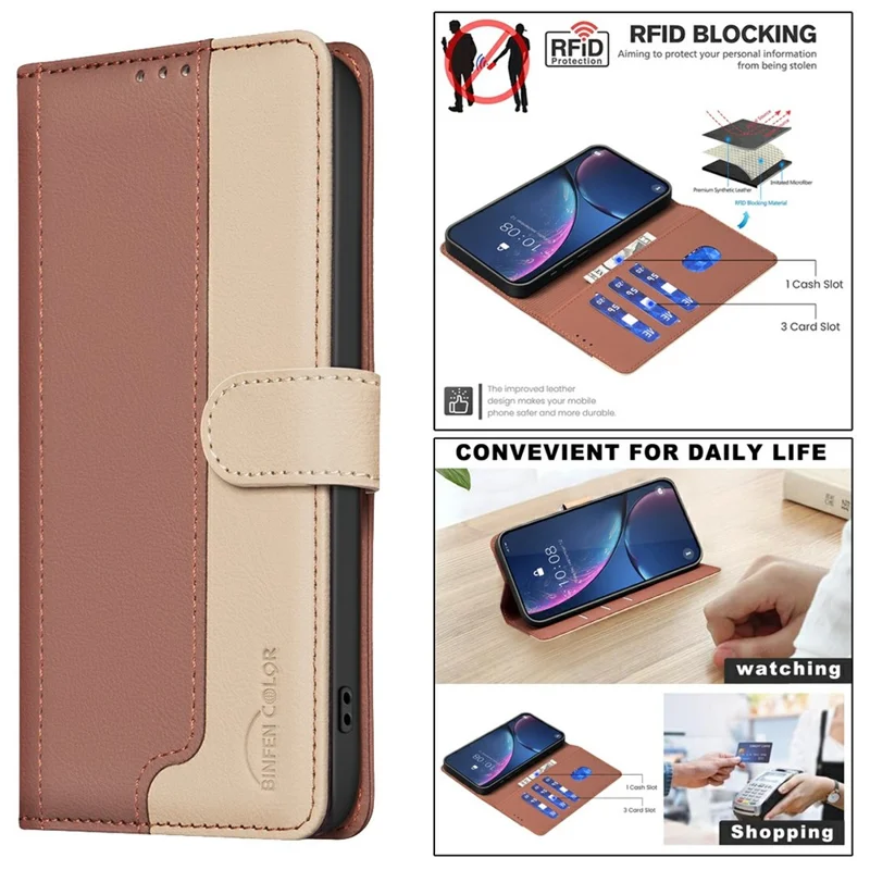 BINFEN COLOR BF33 for TECNO Spark 30C 5G / Pop 9 5G Leather Case Splicing Color RFID Blocking - Brown