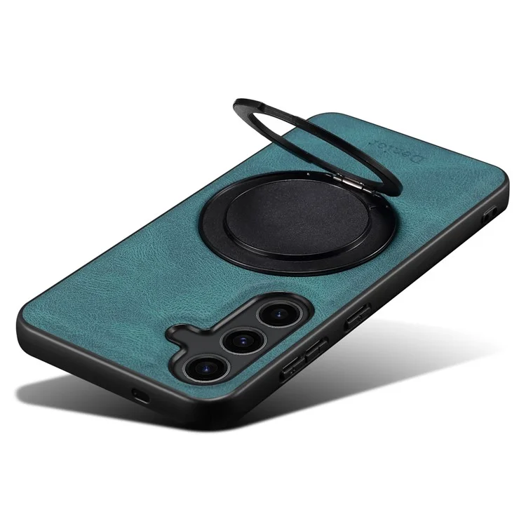 DENIOR A14 For Samsung Galaxy S25 Magnetic Case Rotary Kickstand Leather PC TPU Phone Cover - Blue