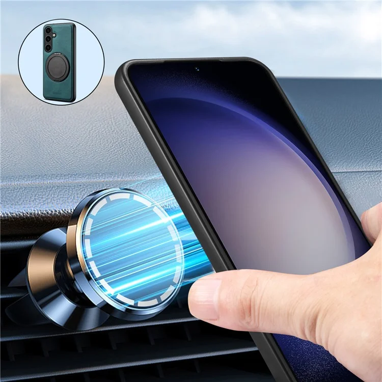 DENIOR A14 For Samsung Galaxy S25 Magnetic Case Rotary Kickstand Leather PC TPU Phone Cover - Blue