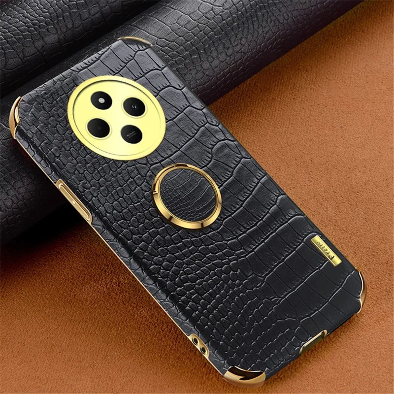 Kickstand Case for Xiaomi Poco C75 4G / 14R 5G / 14C 4G Crocodile Texture TPU + PU Electroplating Phone Cover - Black