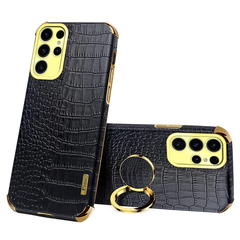 For Samsung Galaxy S25 Ultra Kickstand Case Crocodile Texture TPU + PU Electroplating Phone Cover - Black