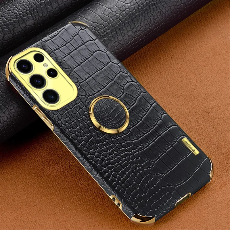 For Samsung Galaxy S25 Ultra Kickstand Case Crocodile Texture TPU + PU Electroplating Phone Cover - Black