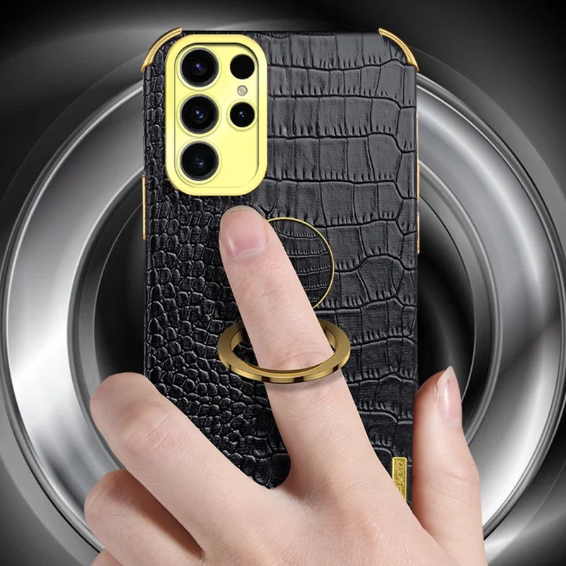 For Samsung Galaxy S25 Ultra Kickstand Case Crocodile Texture TPU + PU Electroplating Phone Cover - Black