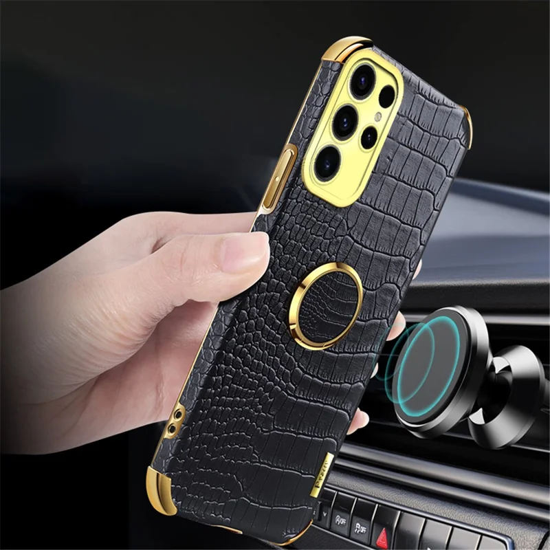 For Samsung Galaxy S25 Ultra Kickstand Case Crocodile Texture TPU + PU Electroplating Phone Cover - Black