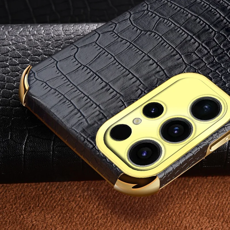 For Samsung Galaxy S25 Ultra Kickstand Case Crocodile Texture TPU + PU Electroplating Phone Cover - Black