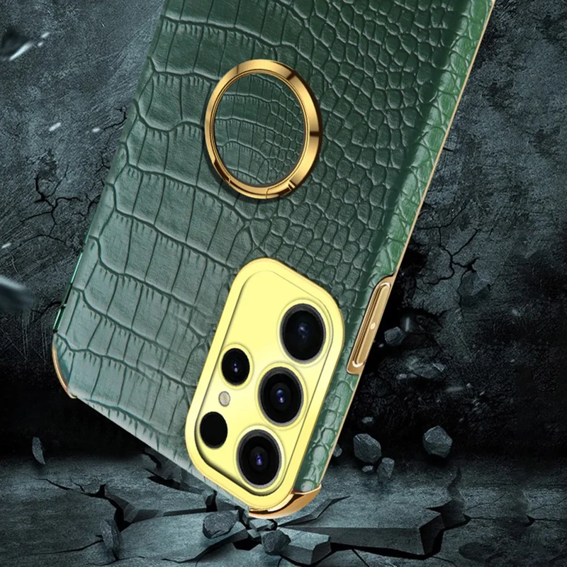 For Samsung Galaxy S25 Ultra Kickstand Case Crocodile Texture TPU + PU Electroplating Phone Cover - Black