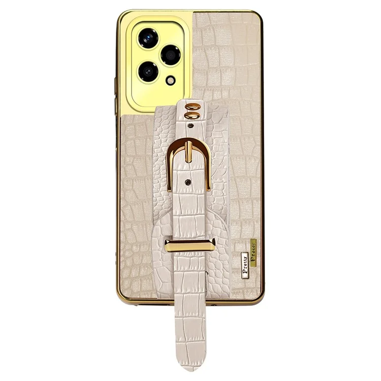 Coque de protection 200 Lite pour Honor avec bracelet, béquille et texture de cuir crocodile + revêtement électrolytique en TPU - Blanc