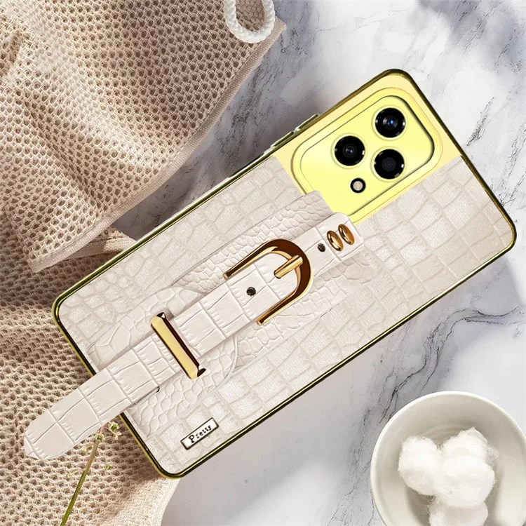 Coque de protection 200 Lite pour Honor avec bracelet, béquille et texture de cuir crocodile + revêtement électrolytique en TPU - Blanc