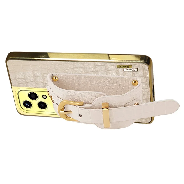 Coque de protection 200 Lite pour Honor avec bracelet, béquille et texture de cuir crocodile + revêtement électrolytique en TPU - Blanc