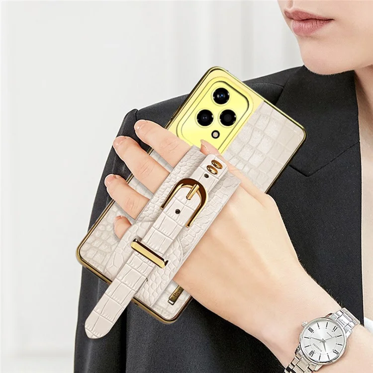 Coque de protection 200 Lite pour Honor avec bracelet, béquille et texture de cuir crocodile + revêtement électrolytique en TPU - Blanc