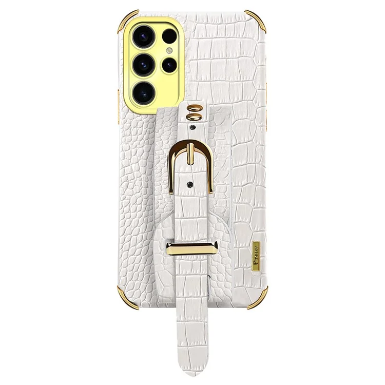 Funda para Samsung Galaxy S25 Ultra con muñequera, soporte, textura de cocodrilo de PU + TPU y recubrimiento electrolítico - Blanco