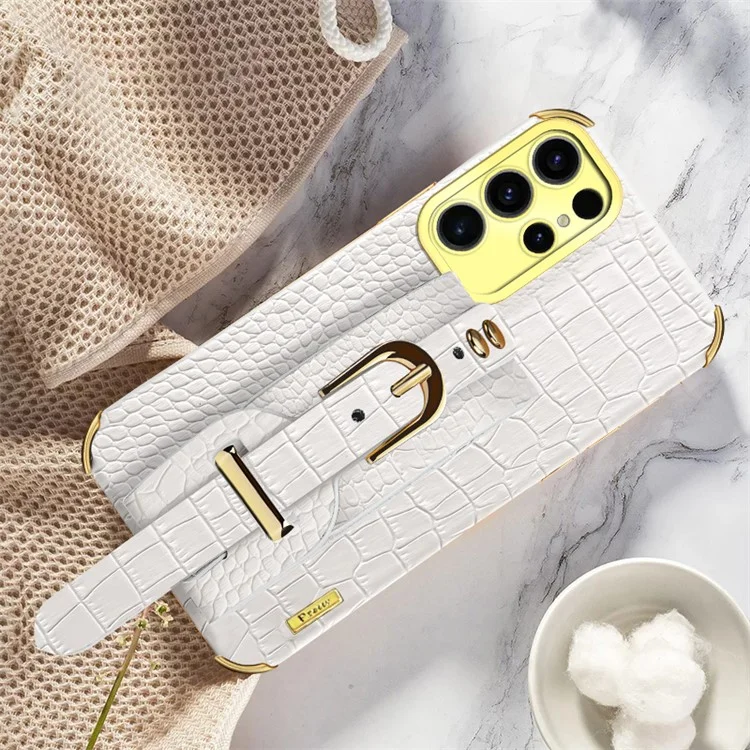 Funda para Samsung Galaxy S25 Ultra con muñequera, soporte, textura de cocodrilo de PU + TPU y recubrimiento electrolítico - Blanco