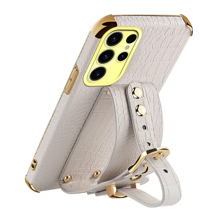 Funda para Samsung Galaxy S25 Ultra con muñequera, soporte, textura de cocodrilo de PU + TPU y recubrimiento electrolítico - Blanco