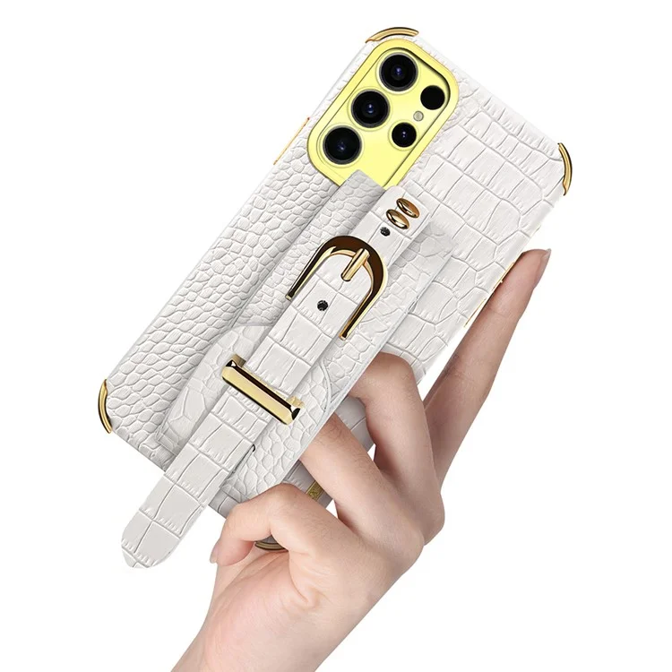 Funda para Samsung Galaxy S25 Ultra con muñequera, soporte, textura de cocodrilo de PU + TPU y recubrimiento electrolítico - Blanco