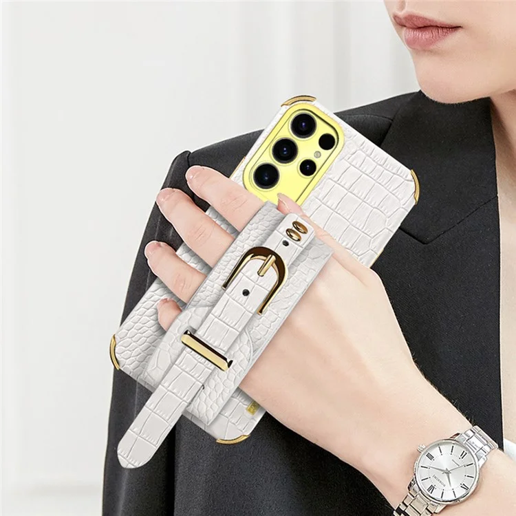 Funda para Samsung Galaxy S25 Ultra con muñequera, soporte, textura de cocodrilo de PU + TPU y recubrimiento electrolítico - Blanco