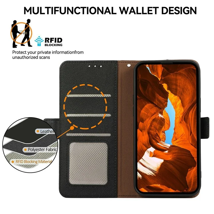 ABEEL Для Motorola Moto G15 4G Чехол с текстурой личи Кожаный чехол с блокировкой RFID - Черный