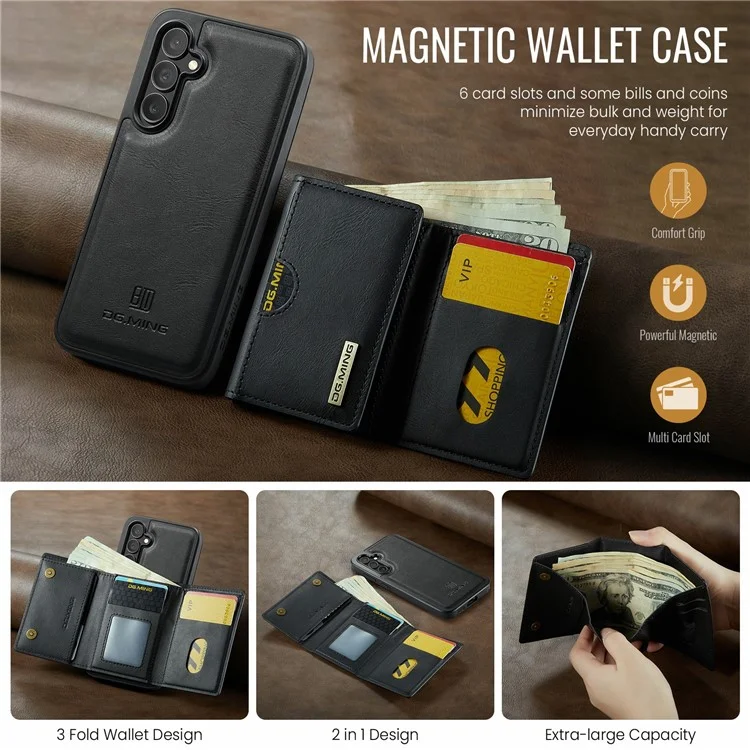 Funda para Samsung Galaxy S24 FE de la serie M6 de DG.MING, cartera magnética de PU + PC + TPU - Negro