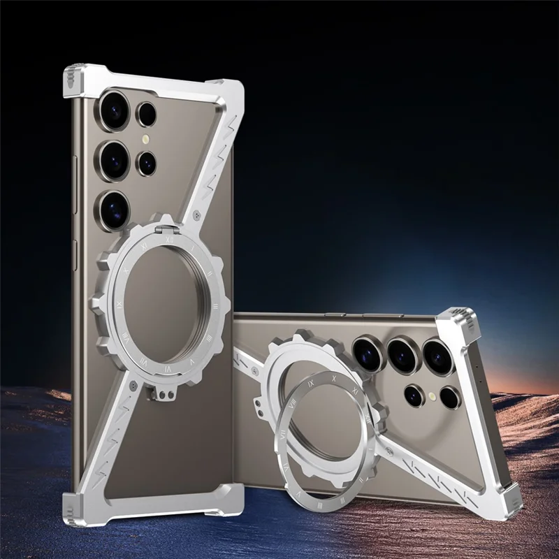 For Samsung Galaxy S23 Ultra Kickstand Magnetic Case Z Shape Bumper Phone Cover - Silver