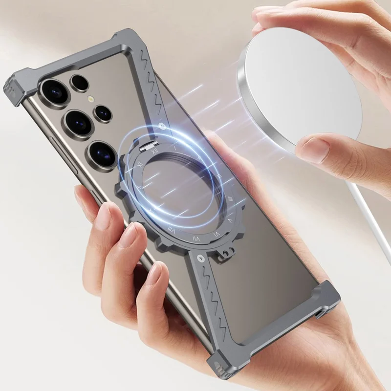 For Samsung Galaxy S23 Ultra Kickstand Magnetic Case Z Shape Bumper Phone Cover - Silver