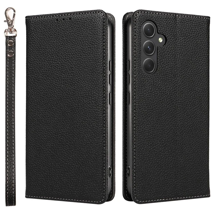 Für Samsung Galaxy A16 5G / 4G Hülle Magnetische Litchi-Struktur Brieftasche Lederhandy-Cover mit Handgelenkriemen - Schwarz