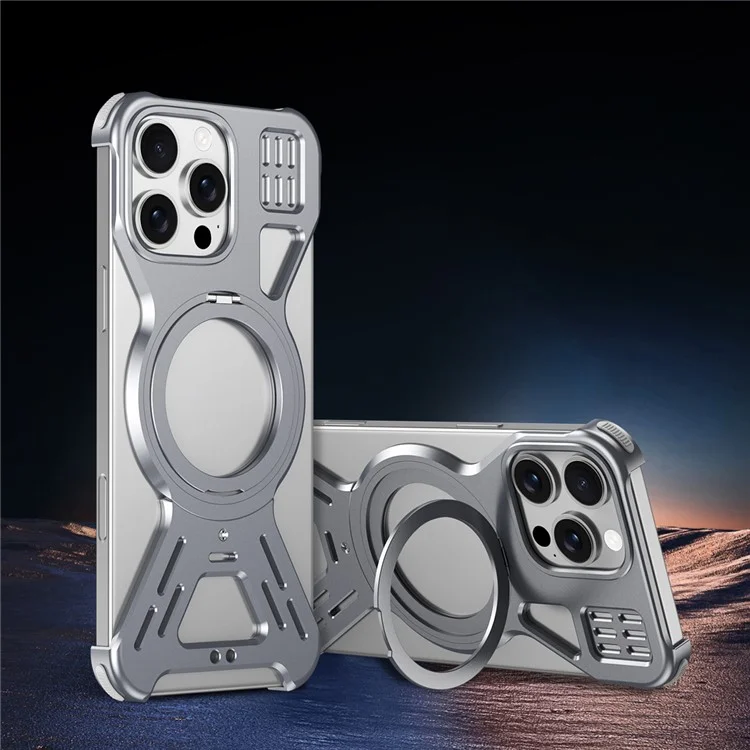 For iPhone 15 Pro Max Bumper Case Compatible with MagSafe Kickstand Metal Phone Cover - Dark Grey