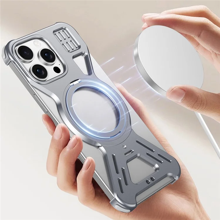 For iPhone 15 Pro Max Bumper Case Compatible with MagSafe Kickstand Metal Phone Cover - Dark Grey