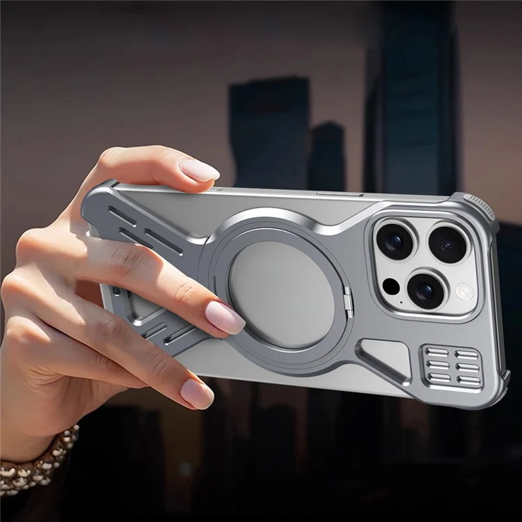 For iPhone 15 Pro Max Bumper Case Compatible with MagSafe Kickstand Metal Phone Cover - Dark Grey
