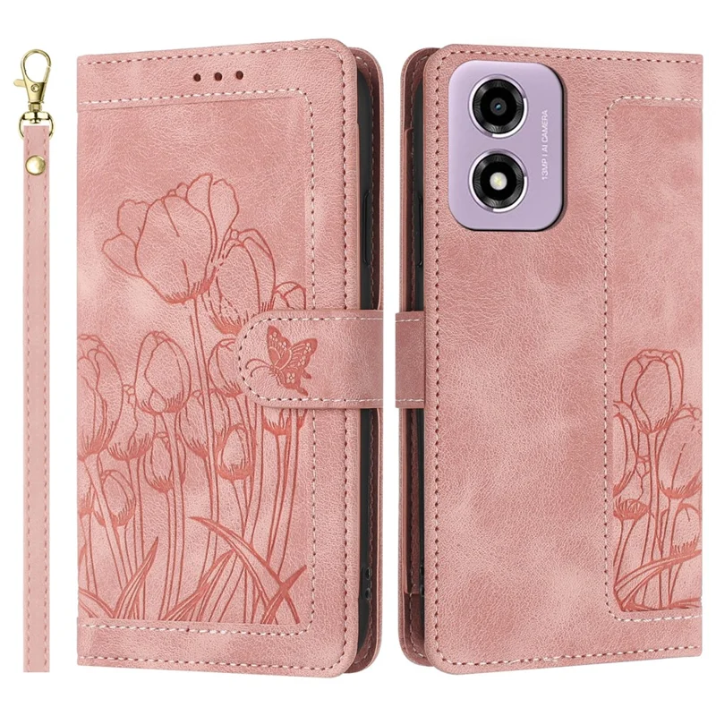 Für Motorola Moto E14 4G Tulip Ledertasche Handyhülle mit 5 Kartenfächern Geldbörse - Pink