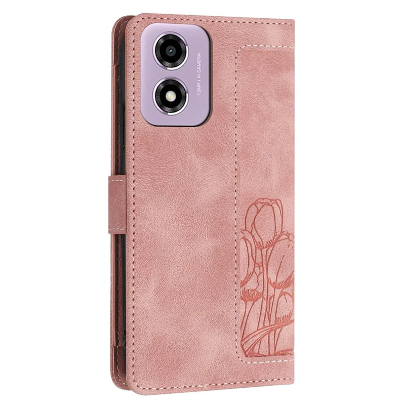 Für Motorola Moto E14 4G Tulip Ledertasche Handyhülle mit 5 Kartenfächern Geldbörse - Pink