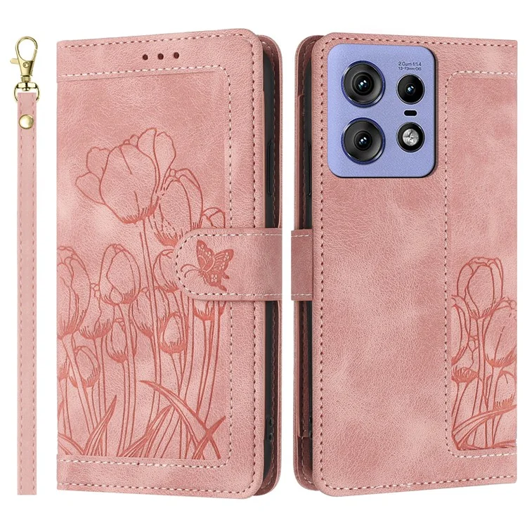 Funda de cuero con 5 ranuras para tarjetas y tapa para Motorola Edge 50 Pro 5G - Rosa